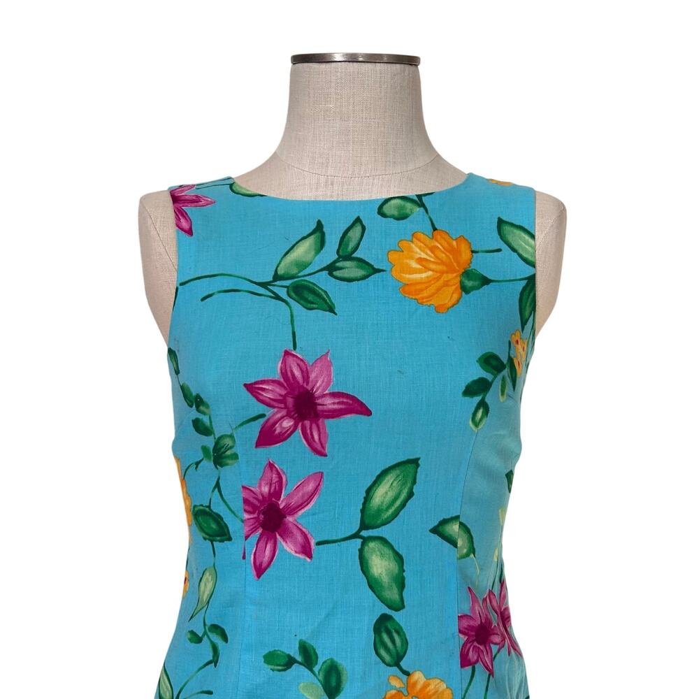 Talbots Blue Floral 100% Linen dress Womens Sz 4 Sheath Sleeveless Summer Party - Picture 6 of 16